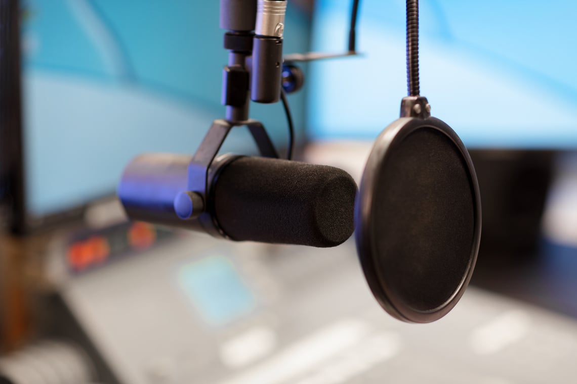 Microphone in Modern Radio Station Broadcasting Studio